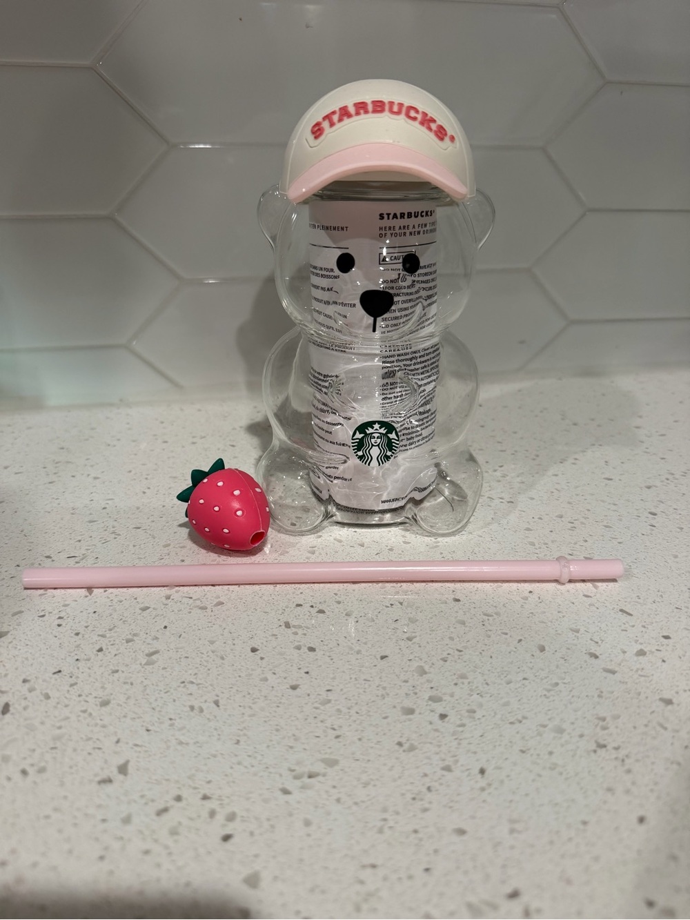 Starbucks Pink and White Bear Straw Bottle with Strawberry Charm